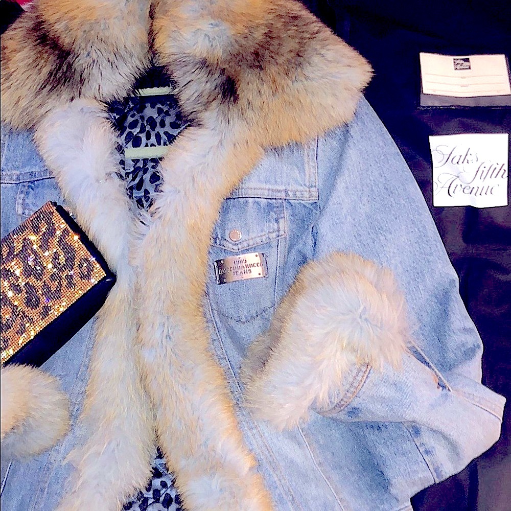 vintage denim jacket w baby blue Fox fur w red Fox